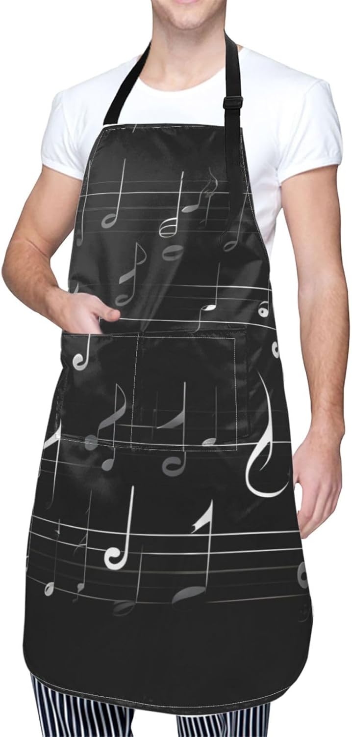 Black Music Notes Print Laundry apron 28x33 In Waterproof Kitchen Apron with Pockets for Cooking Baking