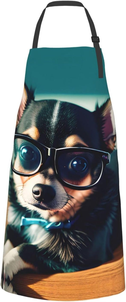 Chihuahua Dog Glasses Print 28x33 In Adult Kitchen Apron with Pockets
