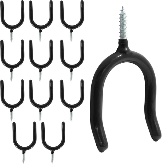 12 Pack Screw in U Hooks, Black U Shaped Shovel Holder Wall Mount, U Hook Screw for Hanging Garage, Garden, Yard Tools