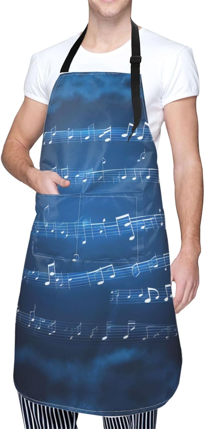 Blue Musical Notes Print Laundry apron 28x33 In Waterproof Kitchen Apron with Pockets for Cooking Baking