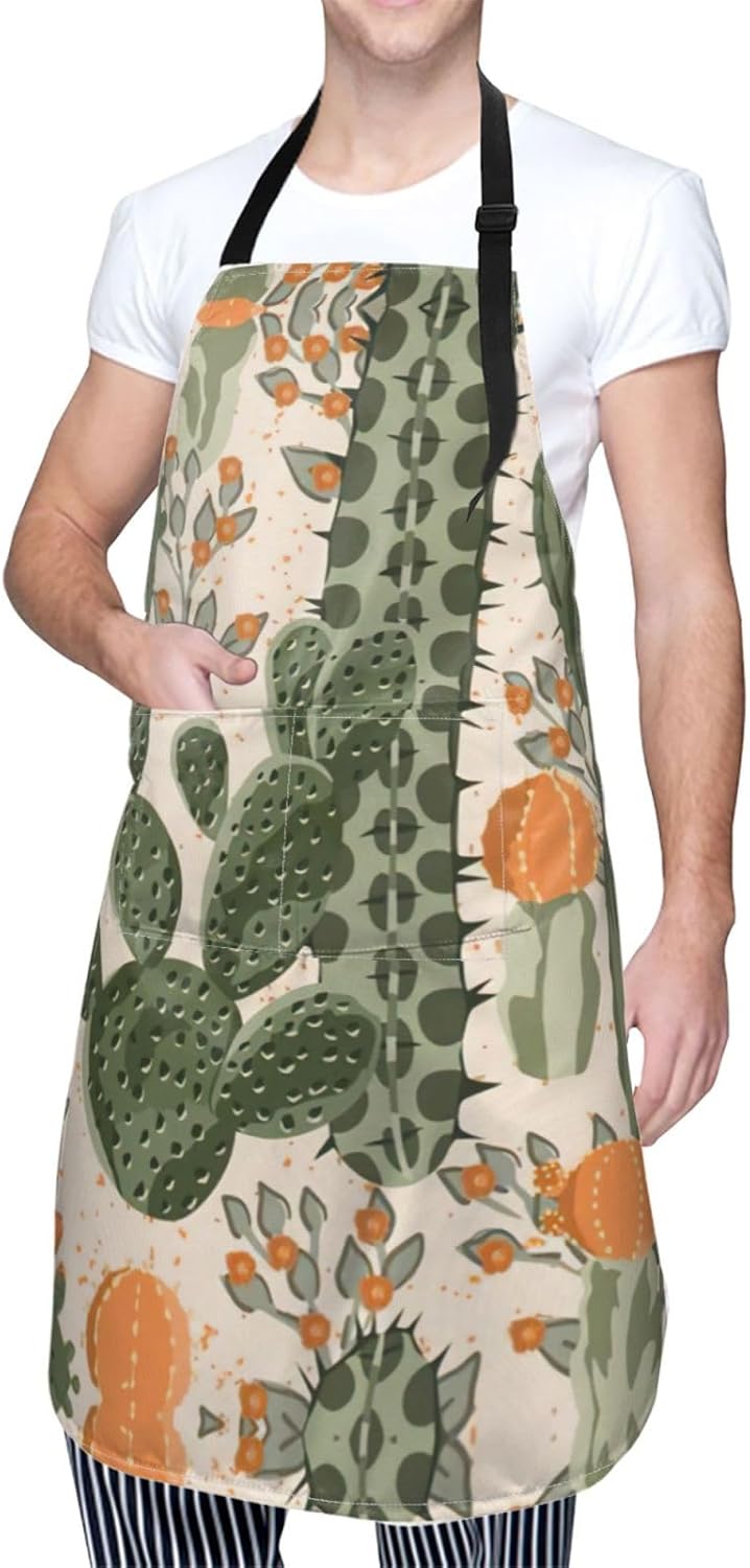 Green Cactus Print Laundry apron 28x33 In Waterproof Kitchen Apron with Pockets for Cooking Baking
