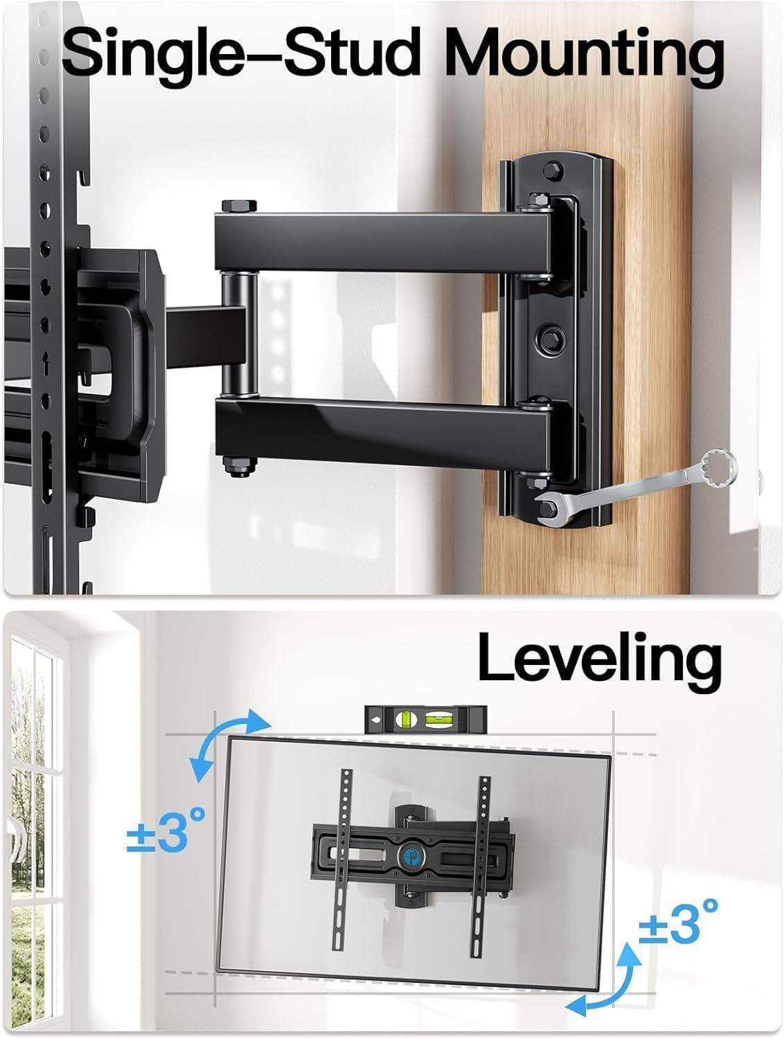 Pipishell Full Motion TV Wall Mount for Most 26-65 inch Flat & Curved TVs up to 77 lbs, Adjustable Bracket Height, Corner TV Mount with Single Articulating Arm, Max VESA 400x400mm, PIMF9