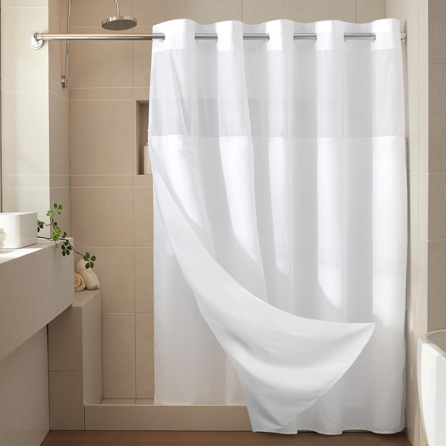 River Dream Heavyweight No Hooks Required Dotted Waffle Weave Shower Curtain with Snap in Liner,Bathroom Curtains Shower Set - 71W x 74H,Hotel Grade,Spa Like Bath Curtain,White