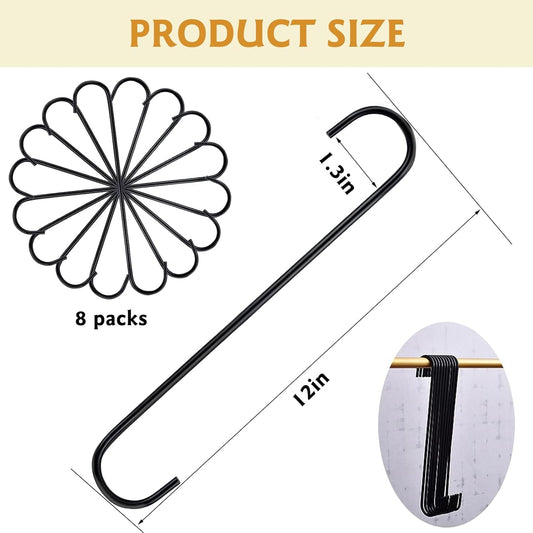 8 Pack S Hooks Heavy Duty 12 Inch Large S Shape Hooks for Hanging Plant Pots and Pans Steel Metal Hanger Hook Black Long S-Hook for Hanging Clothes, Plants, bird feeders, Garden Indoor Outdoor