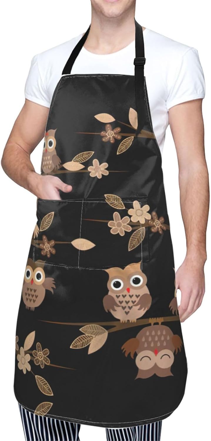 Cute Brown Cartoon Owls Print Laundry apron 28x33 In Waterproof Kitchen Apron with Pockets for Cooking Baking