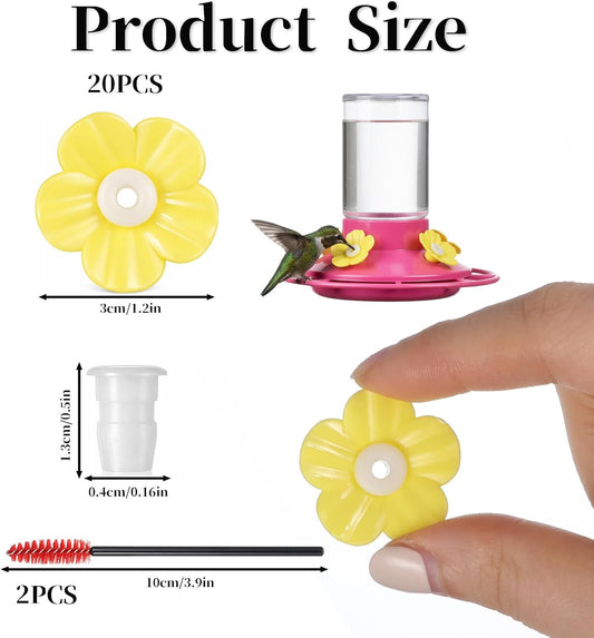 20Pcs Hummingbird Feeders Replacement Flowers with 2 Cleaning Brushes, Pet Hummingbird Feeder Parts Feeding Ports Bird Feeder Replacement Parts Accessories for Outdoor Hanging Feeders(Yellow)