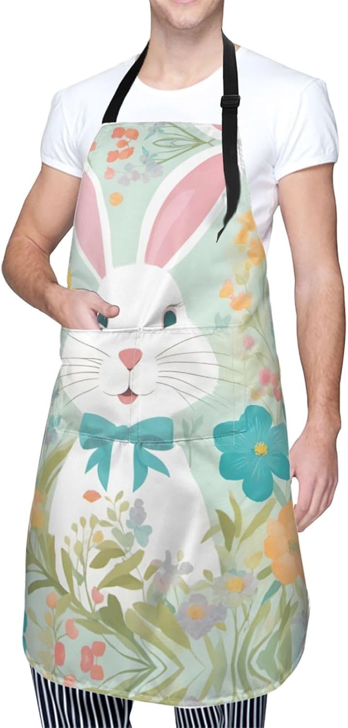 Easter Bunny Floral Print 28 x 33in Waterproof Apron with Pockets Fashionable Versatile Smock for Baking
