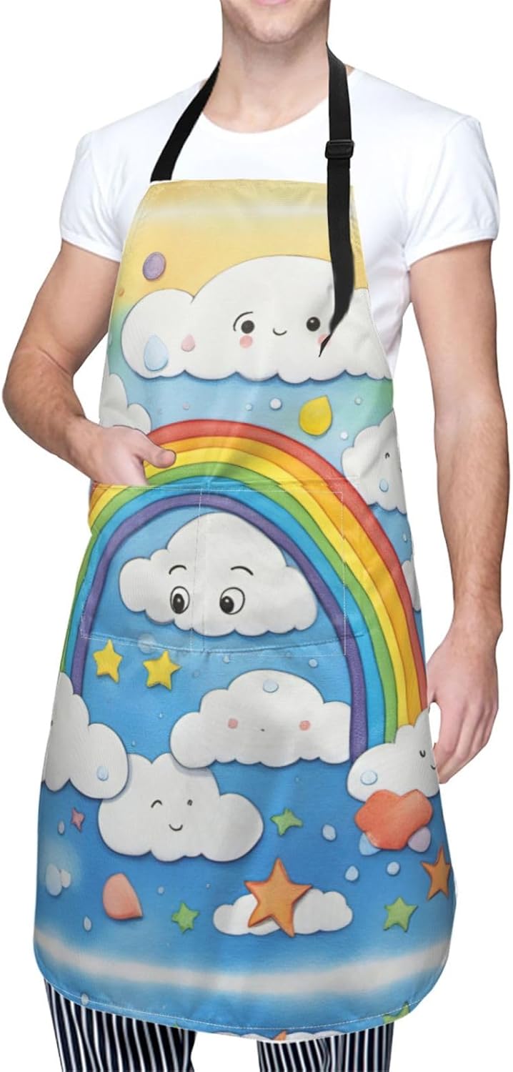 Rainbow Clouds Raindrop print Waterproof chef's apron with pocket apron for kitchen cooking baking barbecue and gardening