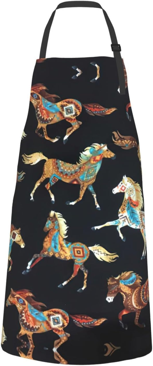 Brown Horse Print Laundry apron 28x33 In Waterproof Kitchen Apron with Pockets for Cooking Baking
