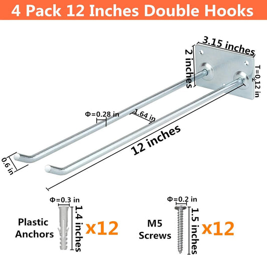 Wall Mounted Steel Long Handled Tools Storage Hooks, 12 Inch Steel Garage Utility Double Rack Organizing Ladders, Rakes, Hose, shovel, Brooms, Max Capacity 55Lbs (Pack of 4)