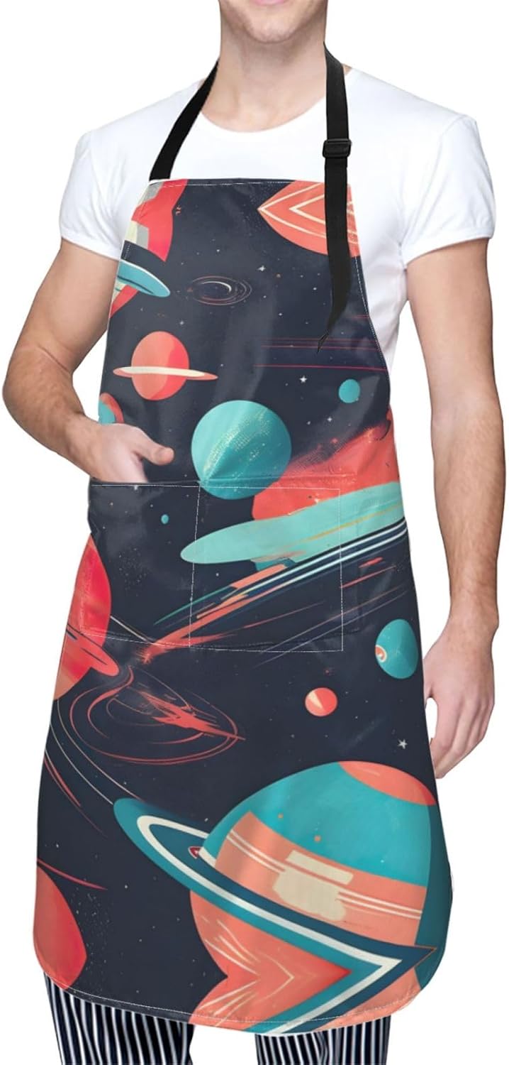 Space Planets print Waterproof chef's apron with pocket apron for kitchen cooking baking barbecue and gardening