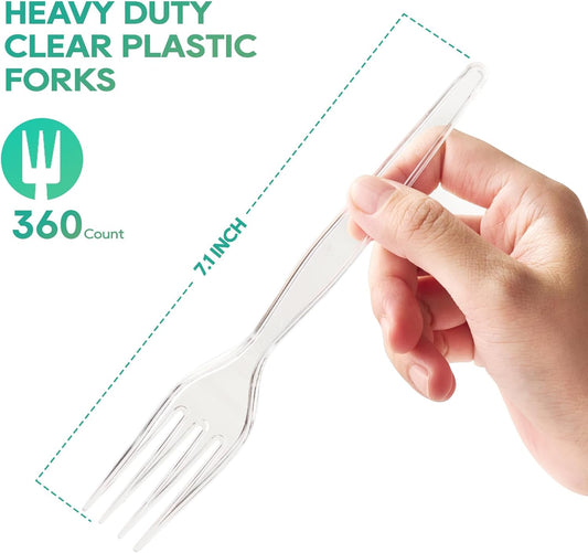 FOCUSLINE 360 Count Clear Plastic Forks Heavy Duty, Solid and Durable