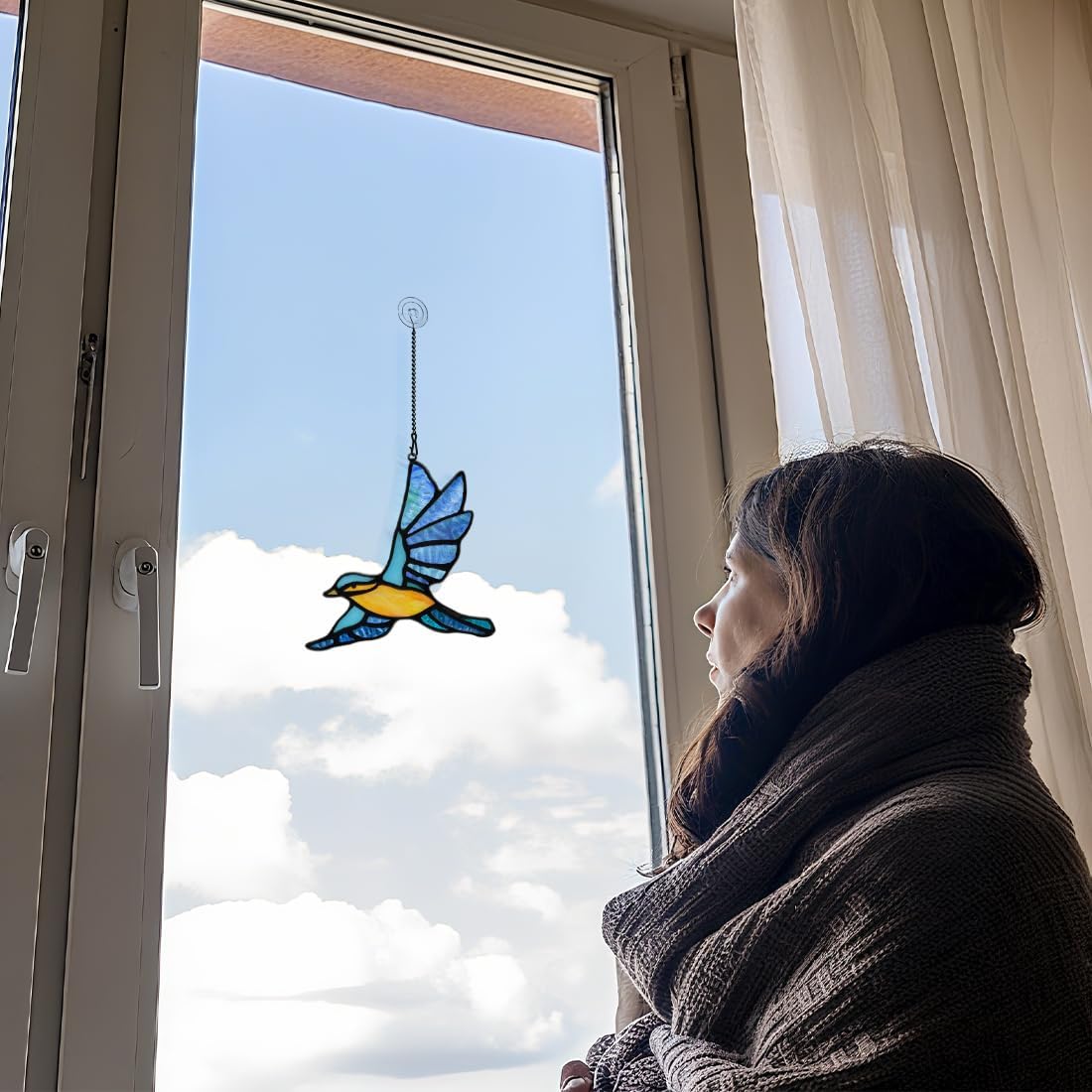 BOXCASA Blue Birds Decor Stained Glass Suncathers for Window,Stained Glass Bird Window Hanging,Birds Gifts for Bird Lovers,Birthday Gift for Women Mom Grandma