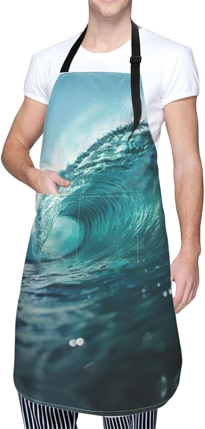 Ocean Green Wave Surf print Waterproof chef's apron with pocket apron for kitchen cooking baking barbecue and gardening