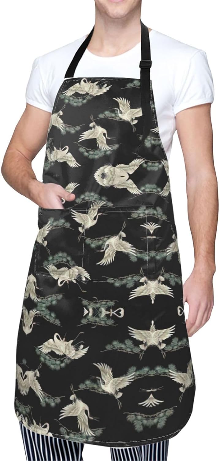 Japanese Crane & Pine print Waterproof apron with pocket adjustable cooking apron for adult kitchen bibs to bake