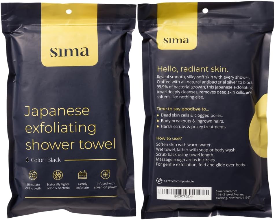 Exfoliating Washcloth Face & Body Scrub Towel - Japanese Exfoliating Towel with Hexagon Fibers, Body Scrubber with 2 Sides for Scrubbing & Washing, Extra Long Body Towels (Black)