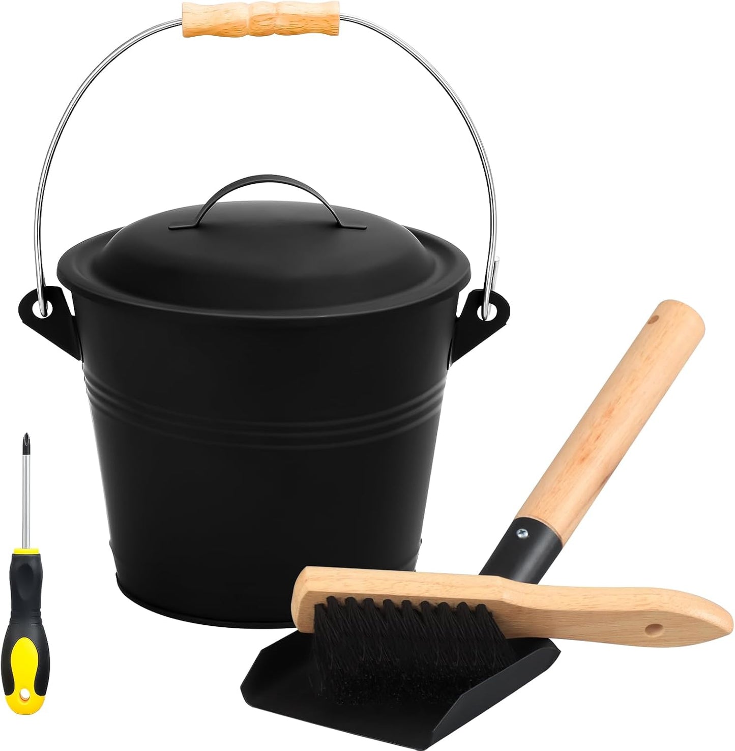 FEED GARDEN Fireplace Tools Set, 1.5 Gallon Mini Ash Bucket with Lid, Shovel, Heat-Resistant Brush & Screwdriver, Heavy Duty Galvanized Iron Ash Cleaning Tool Set, Compact 7.5" x 8.8" x 6.4”, Black