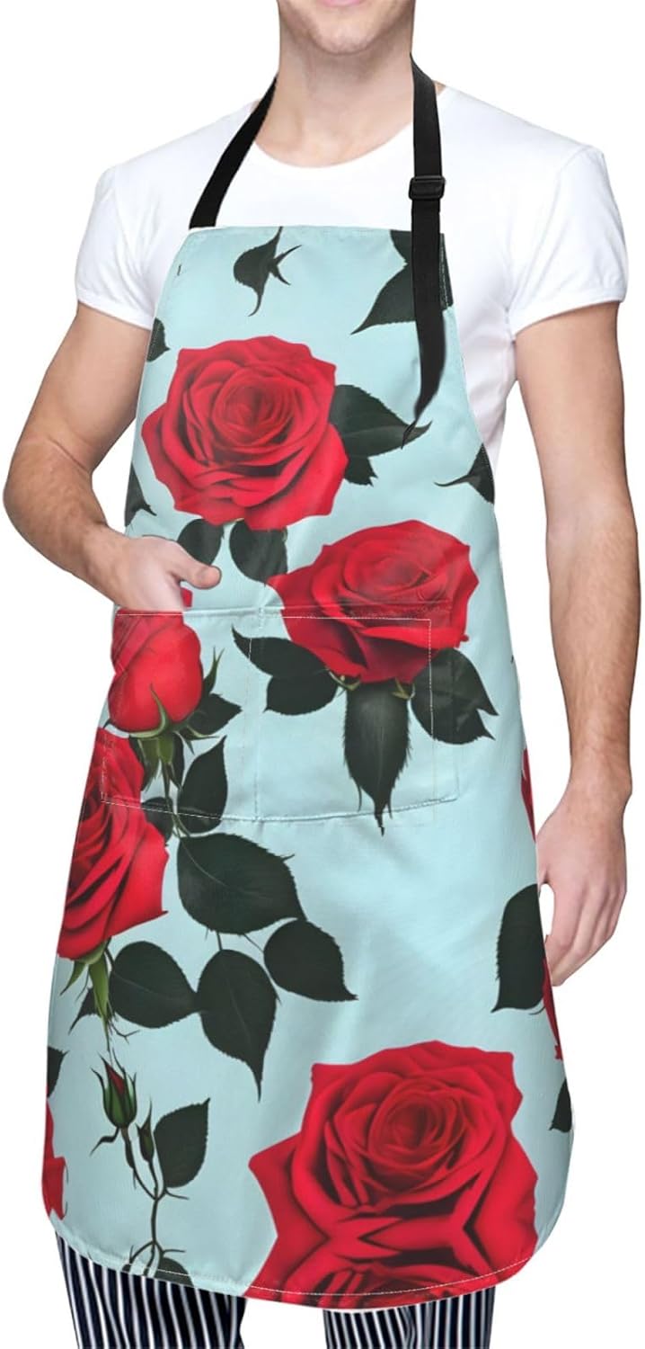 Red Rose print Waterproof chef's apron with pocket apron for kitchen cooking baking barbecue and gardening