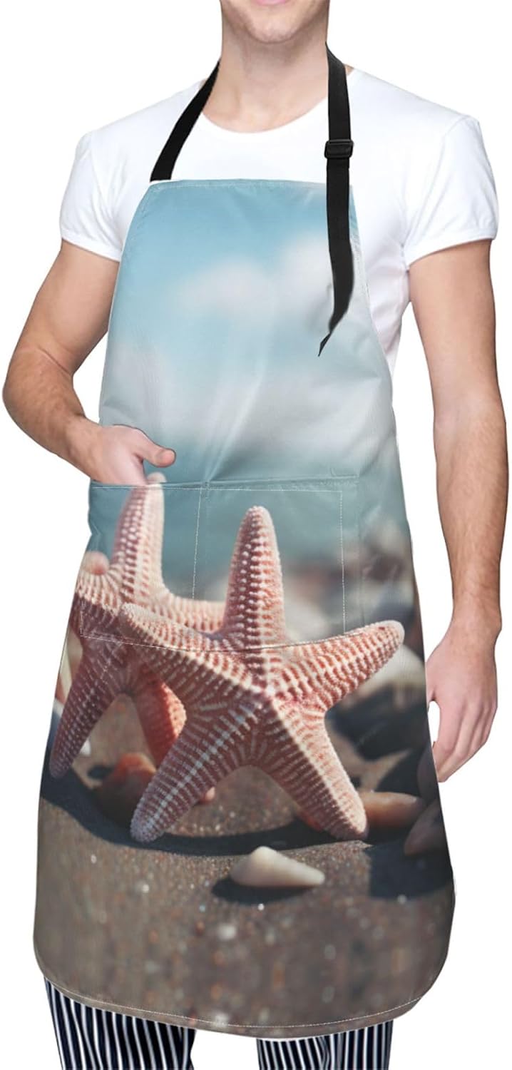 beach starfish print Waterproof apron with pocket adjustable cooking a