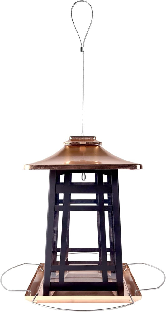 Nature's Way Outdoor Garden Décor Hanging Wild Bird Seed Feeder, Metal Copper Gazebo Feeder, Easy Fill, Rain Drainage, Black and Copper