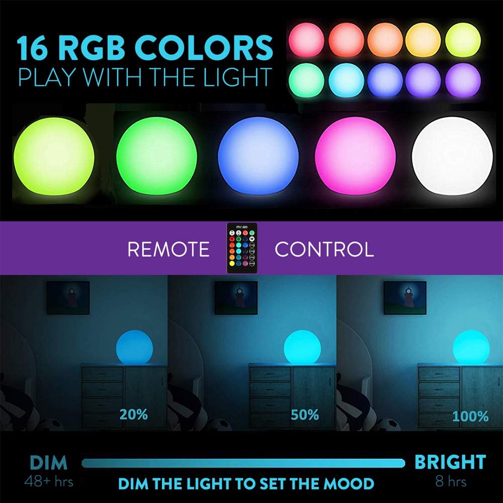 Mr.Go 6-inch RGB Color-Changing LED Globe Orb Light w/Remote, Mood Lamp Kids Night Light, 16 Dimmable Colors & 4 Modes, Battery & AC Adapter Power, Home Bedroom Patio Pool Decorative Lighting