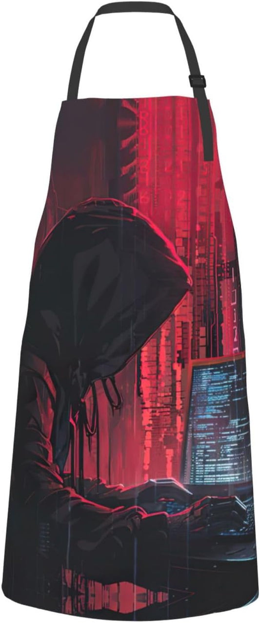 Hacker Attack print Waterproof chef's apron with pocket apron for kitchen cooking baking barbecue and gardening