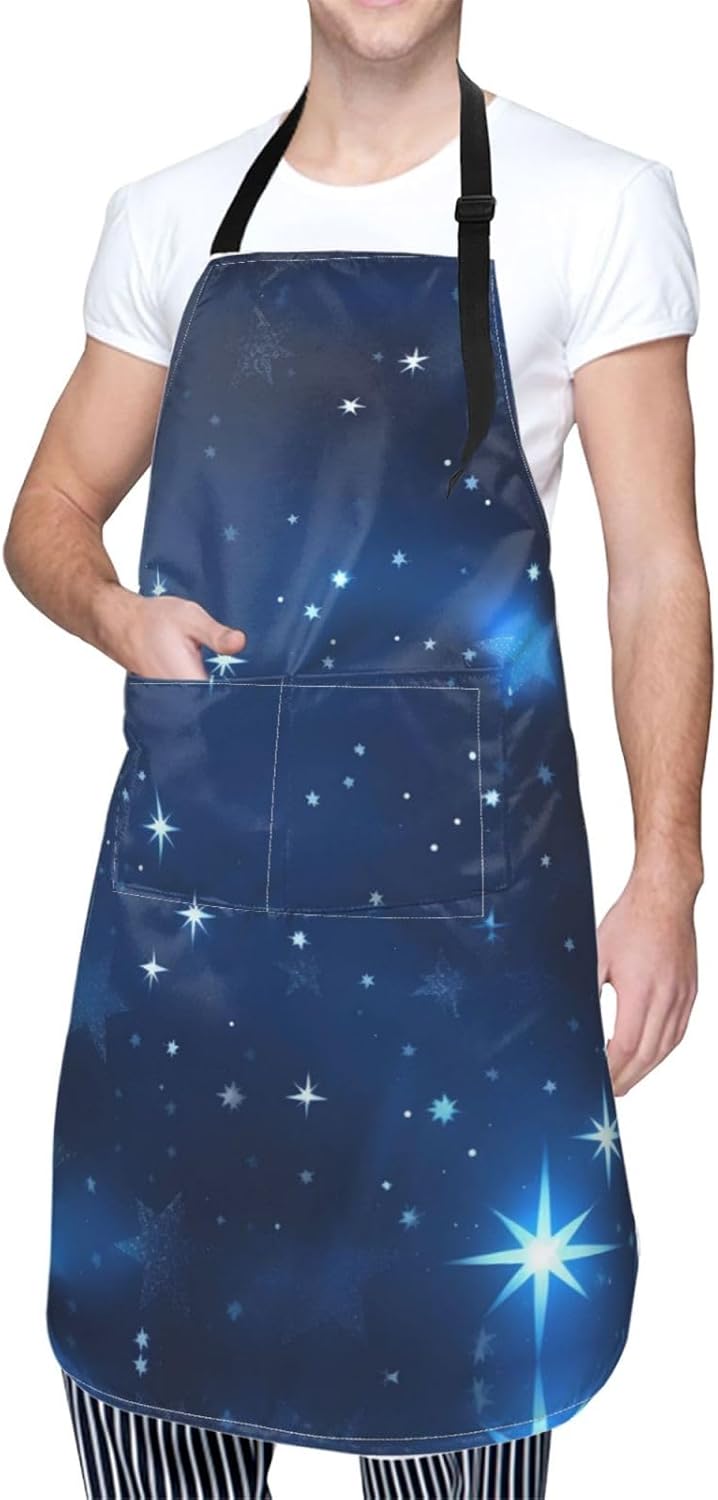 Blue Shining Stars pattern Print Laundry apron 28x33 In Waterproof Kitchen Apron with Pockets for Cooking Baking