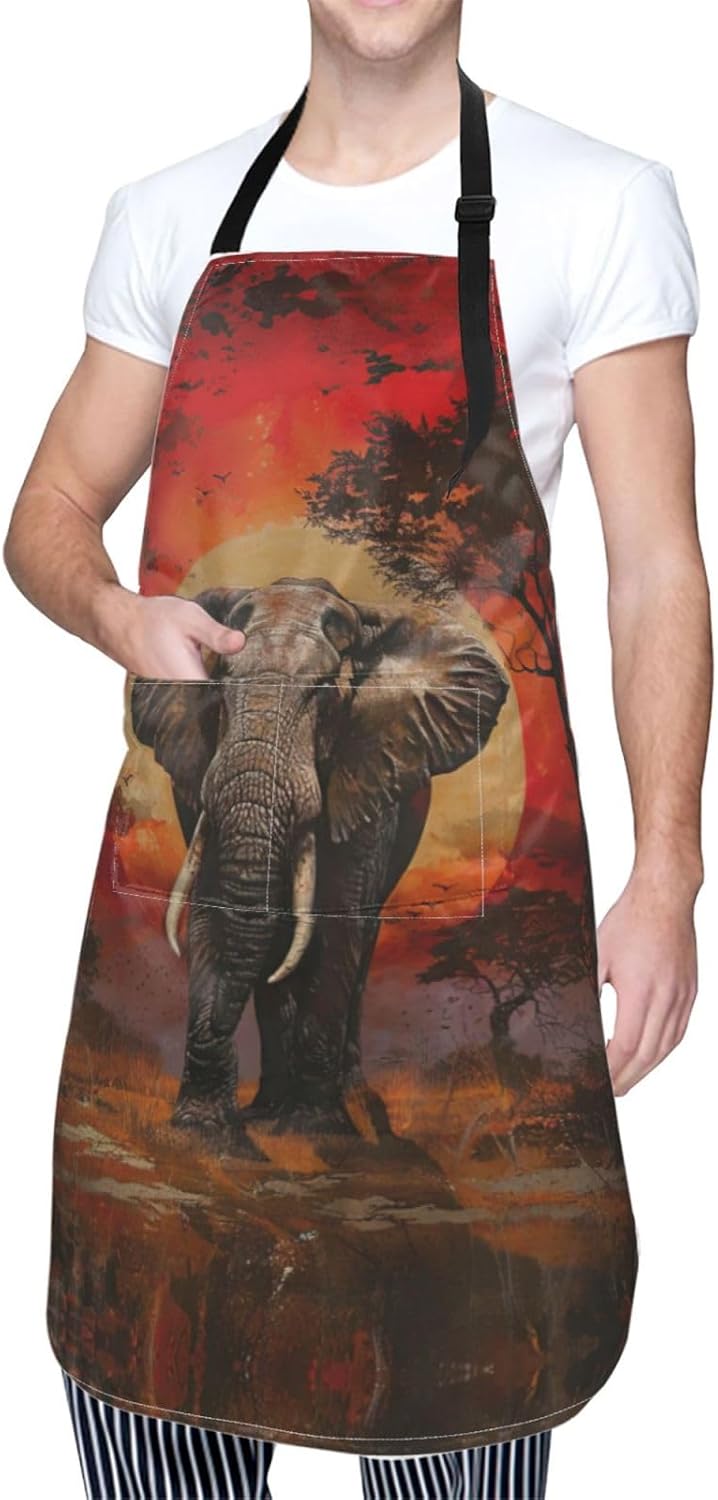 Elephant Sunset print Waterproof chef's apron with pocket apron for kitchen cooking baking barbecue and gardening