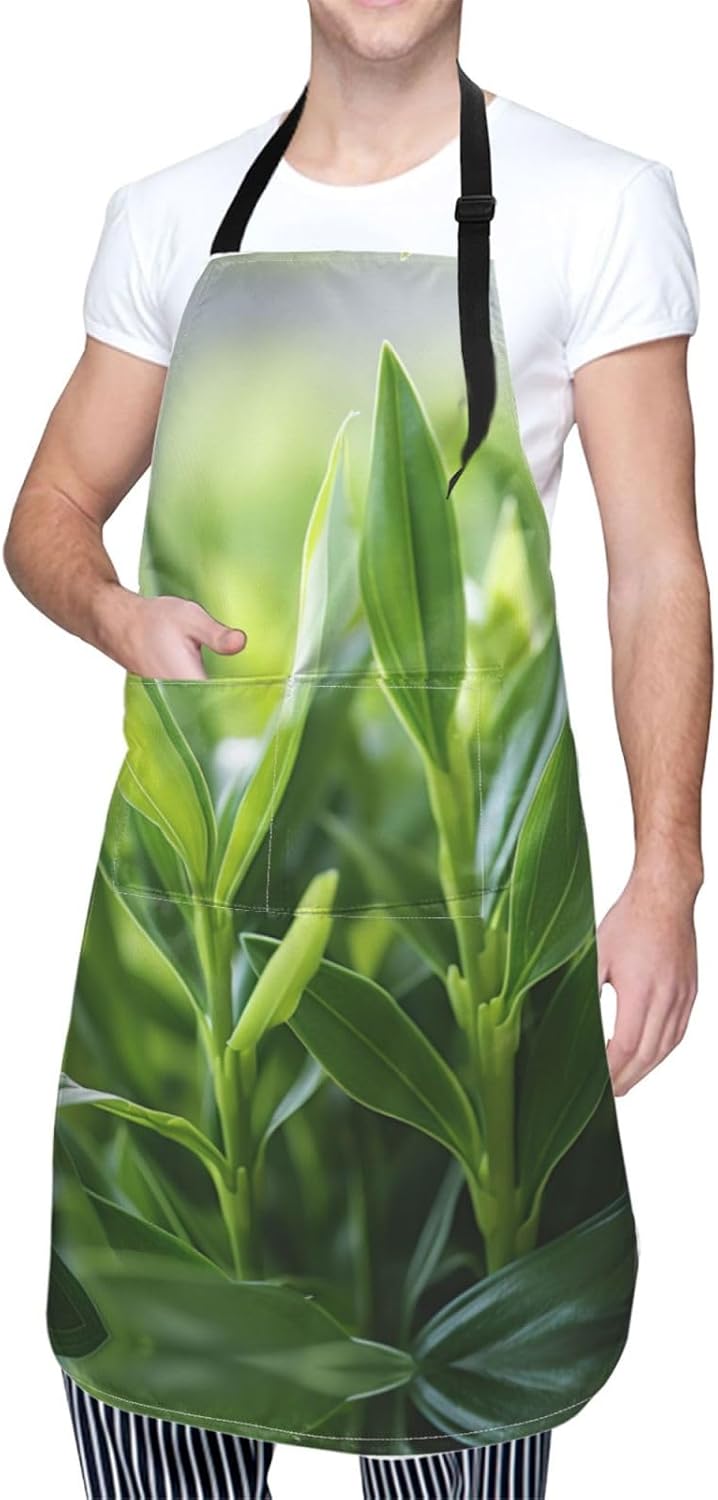 Green Palm Leaf print Waterproof apron with pocket adjustable cooking apron for adult kitchen bibs to bake