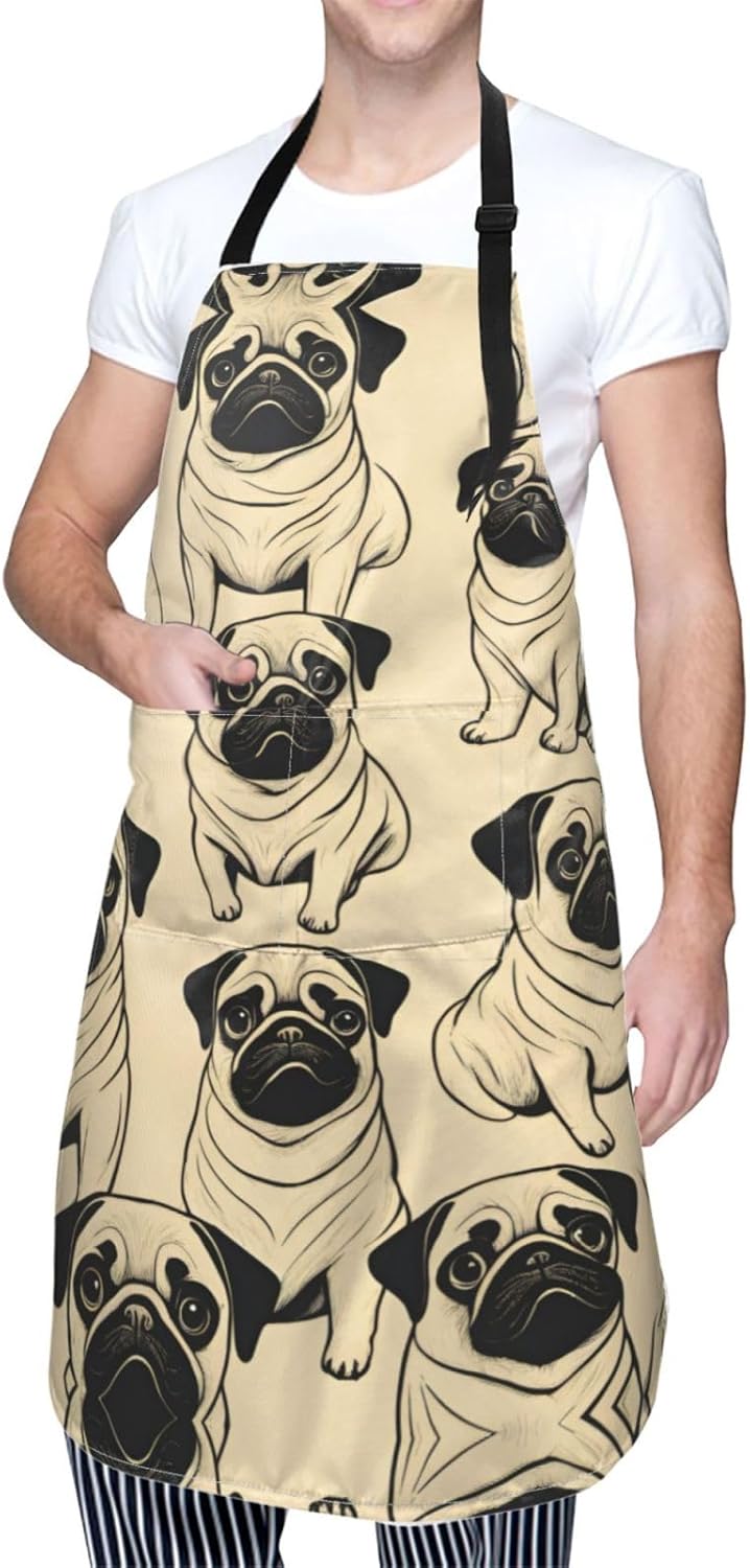 Cute Pug Dog print Waterproof chef's apron with pocket apron for kitch