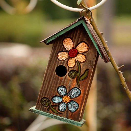 Topadorn Bird House Wooden Carved Floral Birdhouse with Hoop Hanging Birdhouse for Garden Yard Porch Decoration,11 Inch