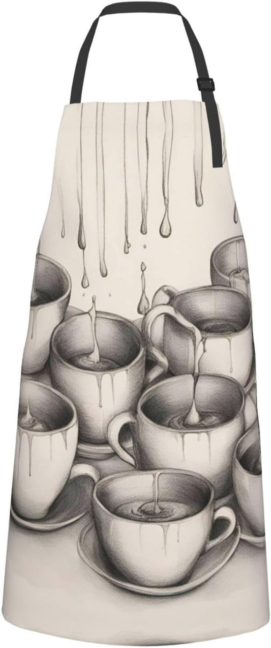 Hand Drawn Teapots and Cups print Waterproof chef's apron with pocket apron for kitchen cooking baking barbecue and gardening