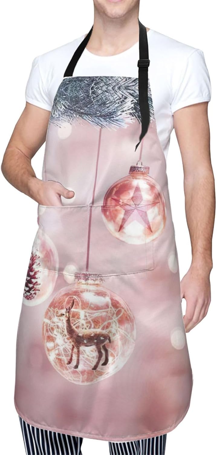 Pink Christmas Ball Print 28x33 In Adult Kitchen Apron with Pockets Versatile Chef Smock for Cooking Baking