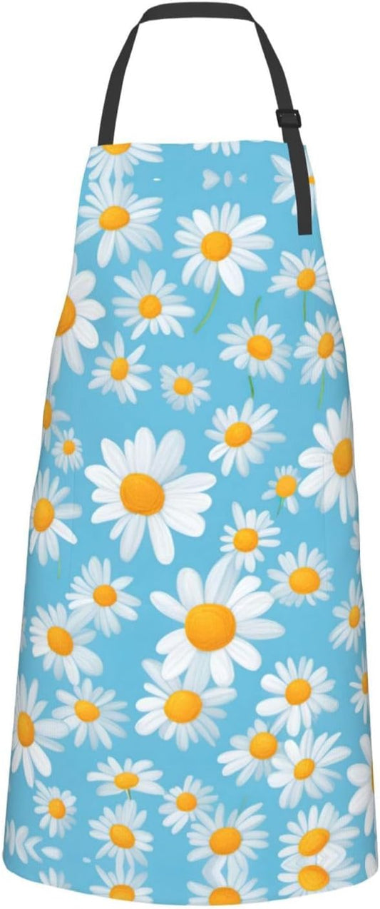 White Daisy in Light Blue Background print Waterproof chef's apron with pocket apron for kitchen cooking baking barbecue and gardening
