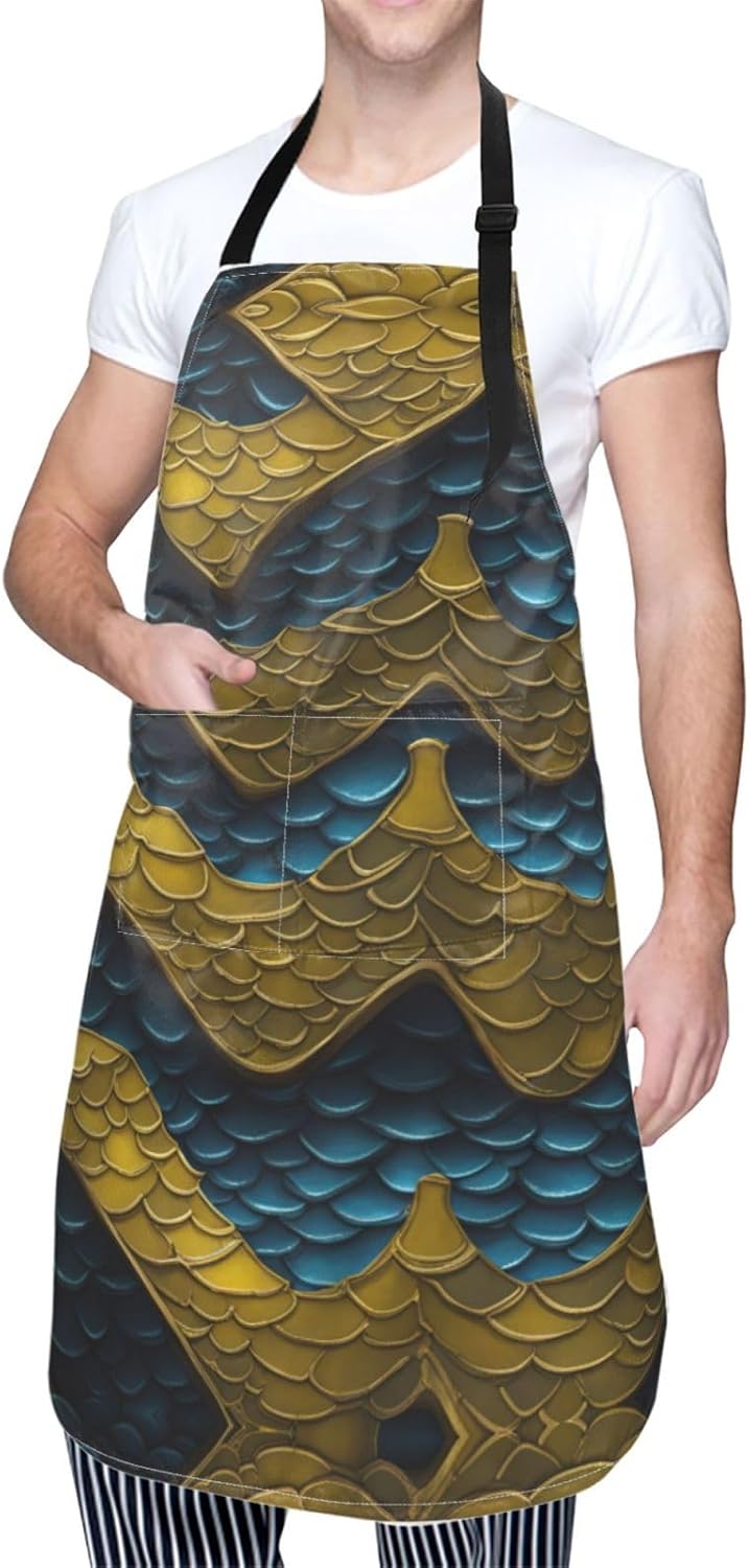 Dragon Scale print Waterproof apron with pocket adjustable cooking apron for adult kitchen bibs to bake