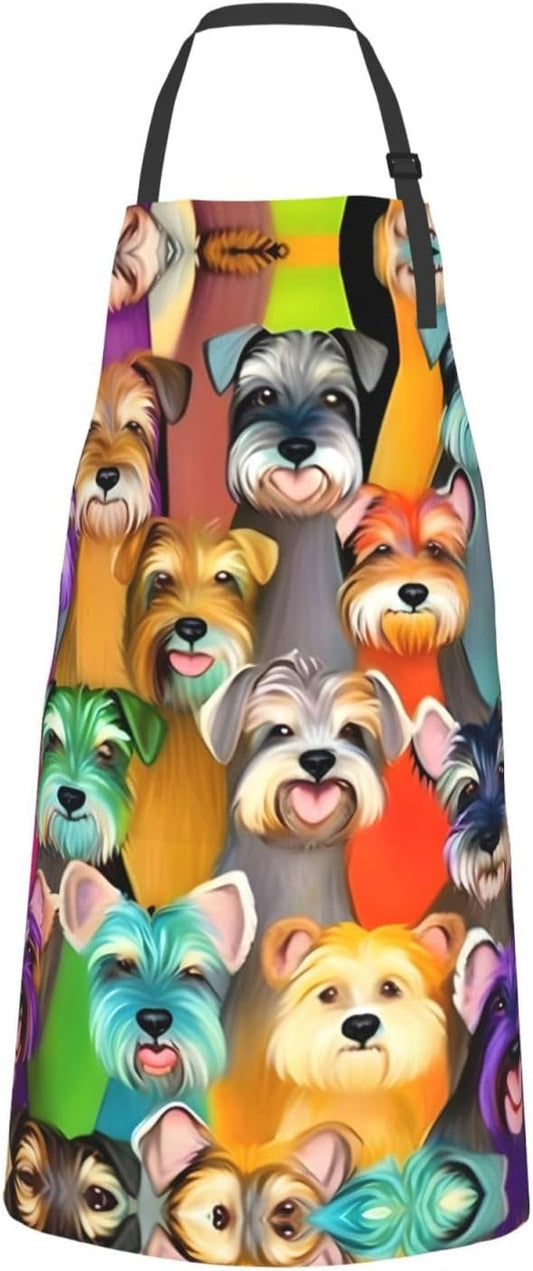 Oil Cute Schnauzer Dogs print Waterproof apron with pocket adjustable