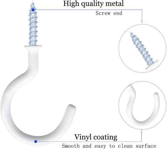 12 Pack Vinyl Coated Ceiling Hooks,Screw-in Mug Hooks,Multi-Function Wall Hooks Kitchen Hooks Cup Hooks for Indoors Outdoors (White, 1-1/4 Inch)
