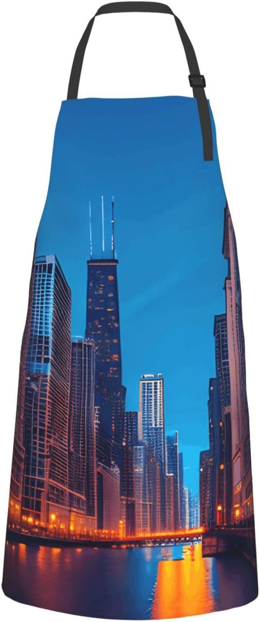 YANYU Chicago Night Print 28x33 In Kitchen Apron Stylish Chef Apron with Pockets for Cooking Baking Painting
