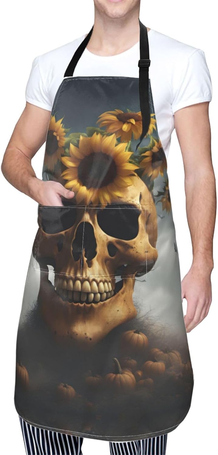 Sunflower Halloween Skull print Waterproof chef's apron with pocket apron for kitchen cooking baking barbecue and gardening