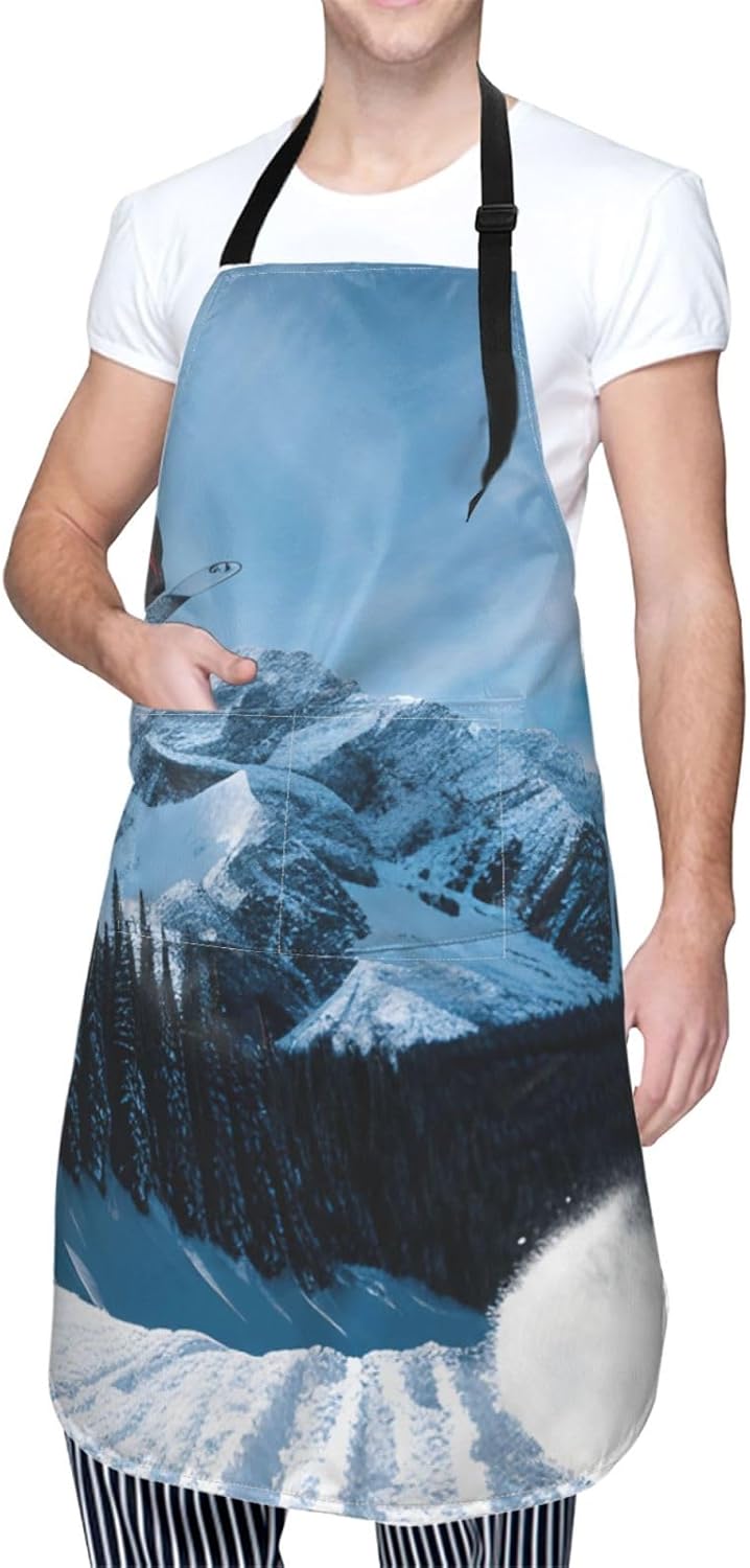 YANYU Snowboarding Print 28x33 In Kitchen Apron Stylish Chef Apron with Pockets for Cooking Baking Painting