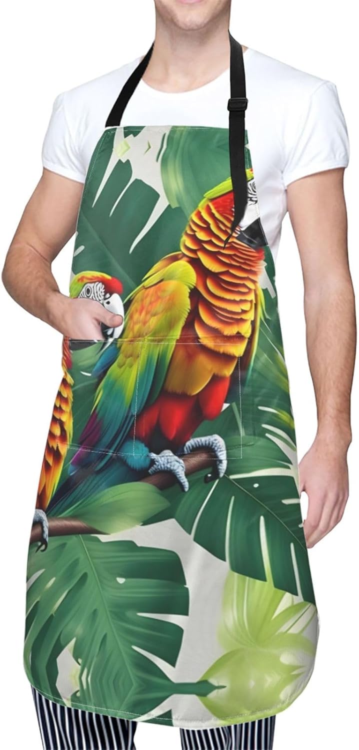 Tropical Flower Leaf Parrot Print 28x33 In Adult Kitchen Apron with Pockets Versatile Chef Smock for Cooking Baking