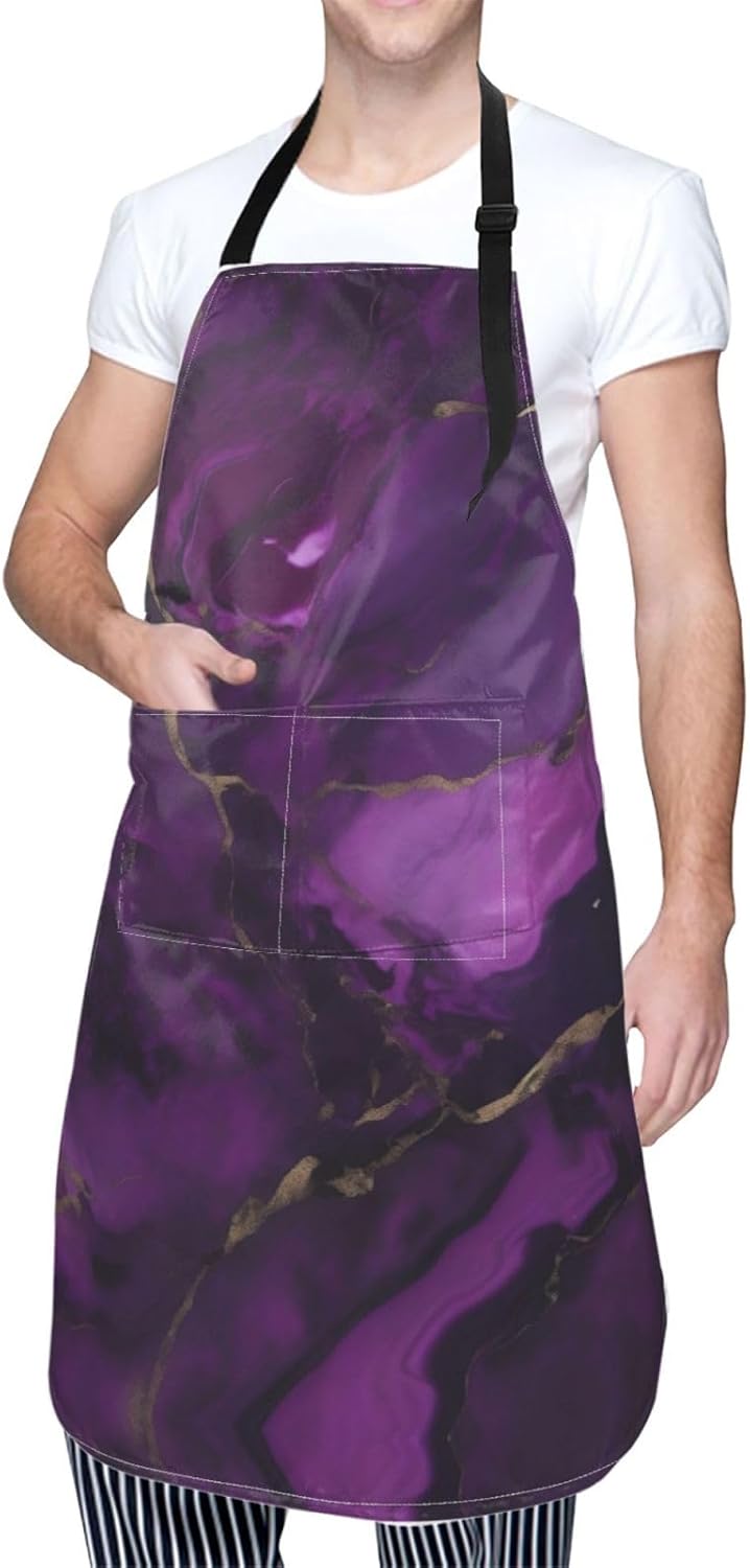 Dark purple texture marble print Waterproof chef's apron with pocket apron for kitchen cooking baking barbecue and gardening