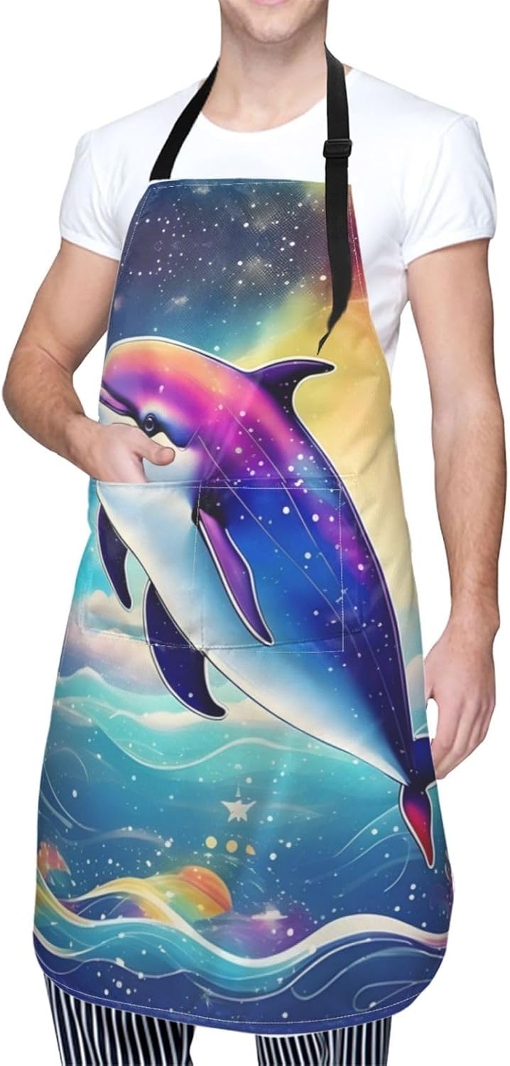 Colorful Starry Sky Ocean Dolphin print Waterproof chef's apron with p