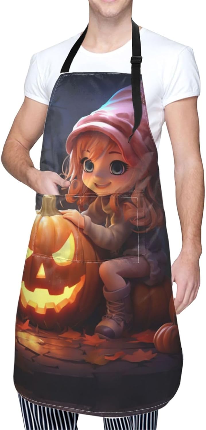 halloween cute pumpkin print Waterproof chef's apron with pocket apron for kitchen cooking baking barbecue and gardening