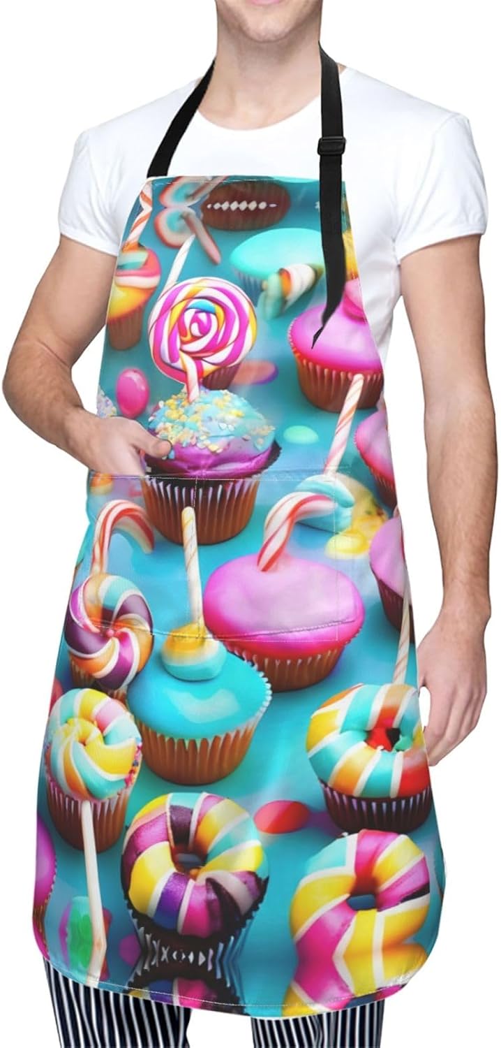 Colorful Sweet Lollipop Cupcake Donut Print Laundry apron 28x33 In Waterproof Kitchen Apron with Pockets for Cooking Baking