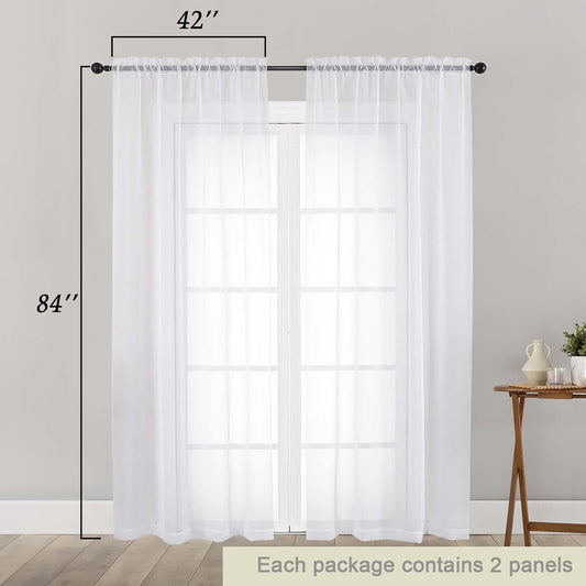 White Sheer Curtains 84 Inches Long 2 Panels Set for Bedroom Living Room, Soft Airy Light Filtering Modern Solid Rod Pocket Drapes Window Treatments, White, Each 42" W x 84" L