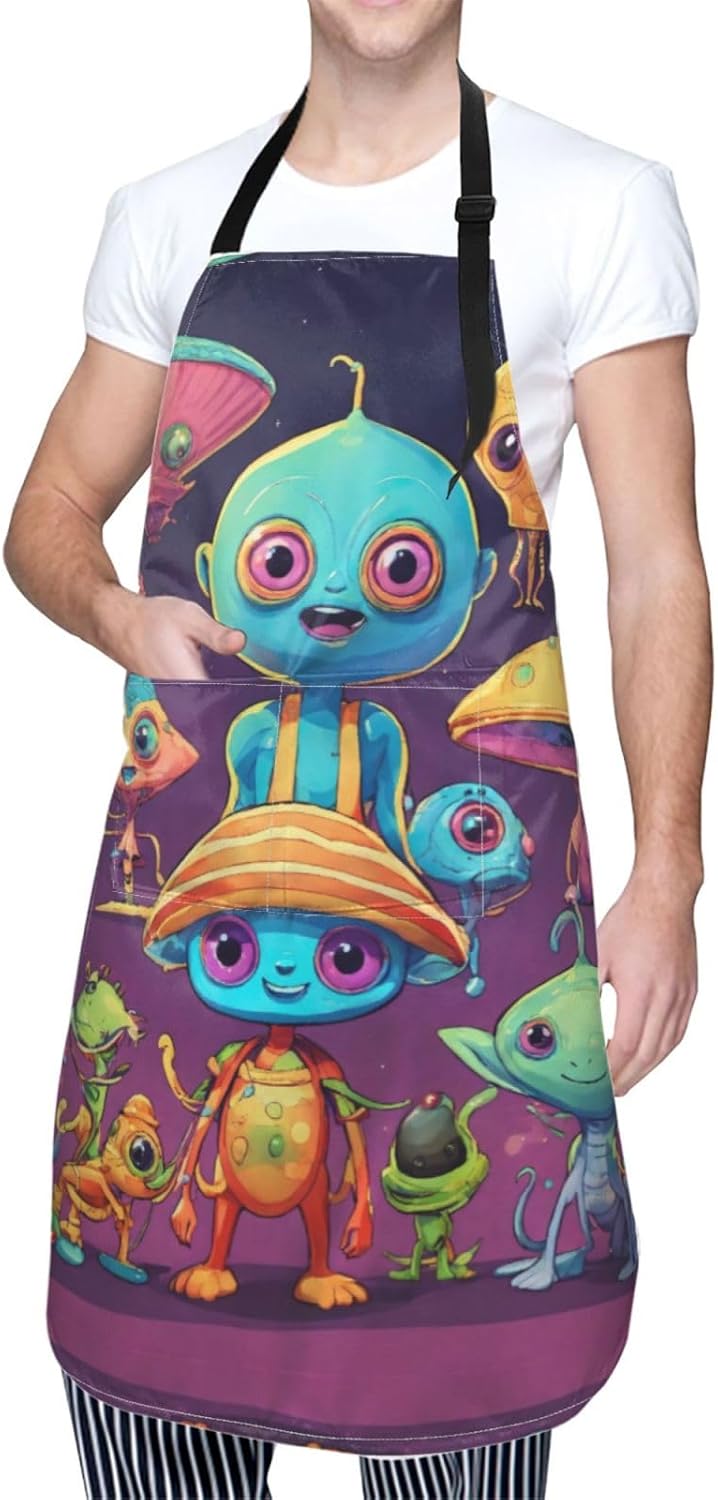 Astronaut And Alien Print Laundry apron 28x33 In Waterproof Kitchen Apron with Pockets for Cooking Baking