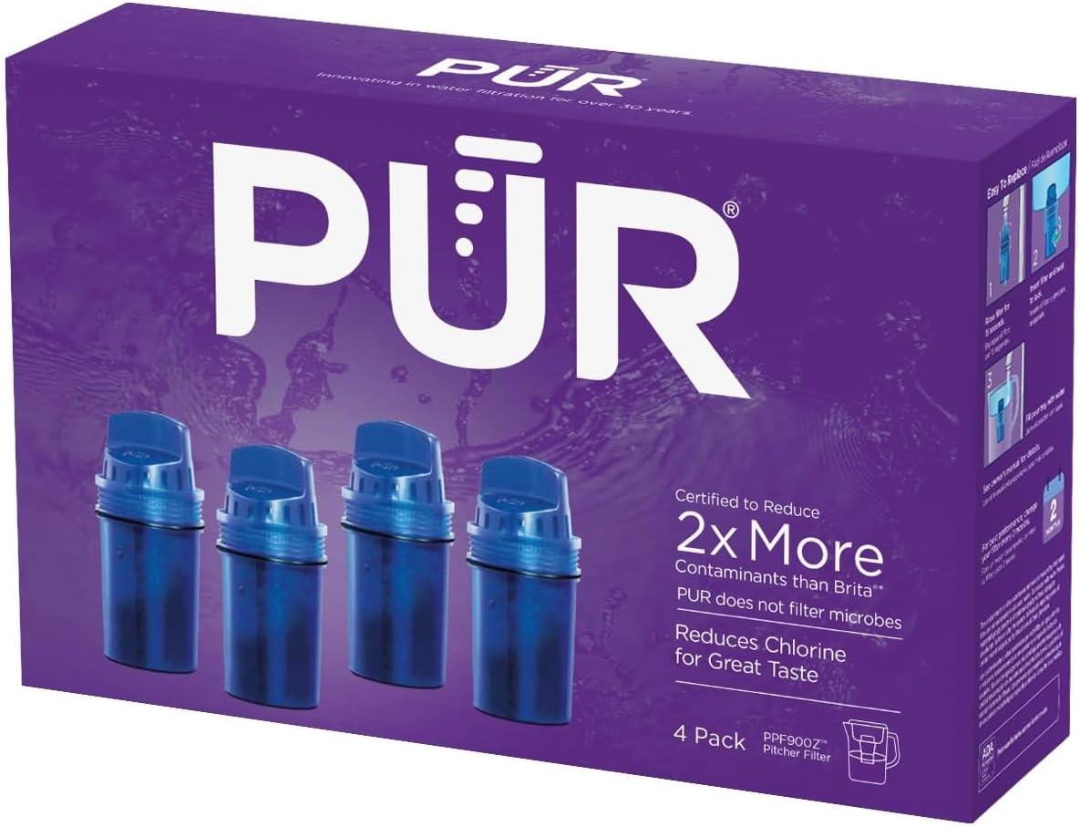 PUR Water Pitcher & Dispenser Replacement Filter 4-Pack, Genuine PUR Water Filter, 2-in-1 Powerful and Faster Filtration, 8-Month Value, Blue (PPF900Z4)