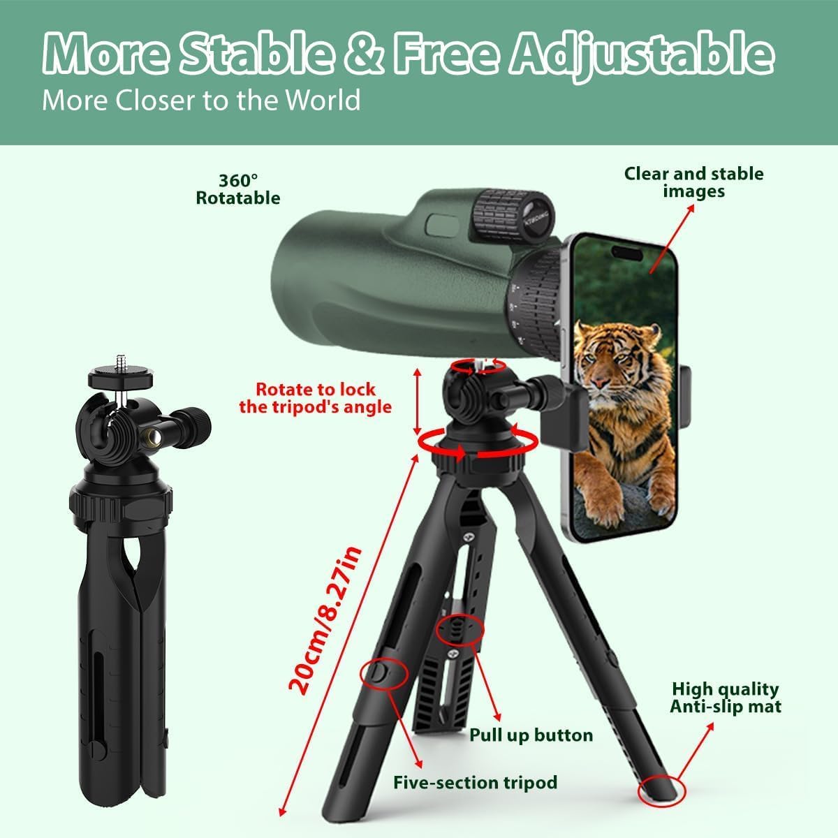 Monocular Telescope 80 x 100 High Powered Monoculars for Adults with Tripod, Monocular for Smartphone Suitable for Bird Watching Larger Vision Monoculars for Adults with BAK4 Prism & FMC Lens Green