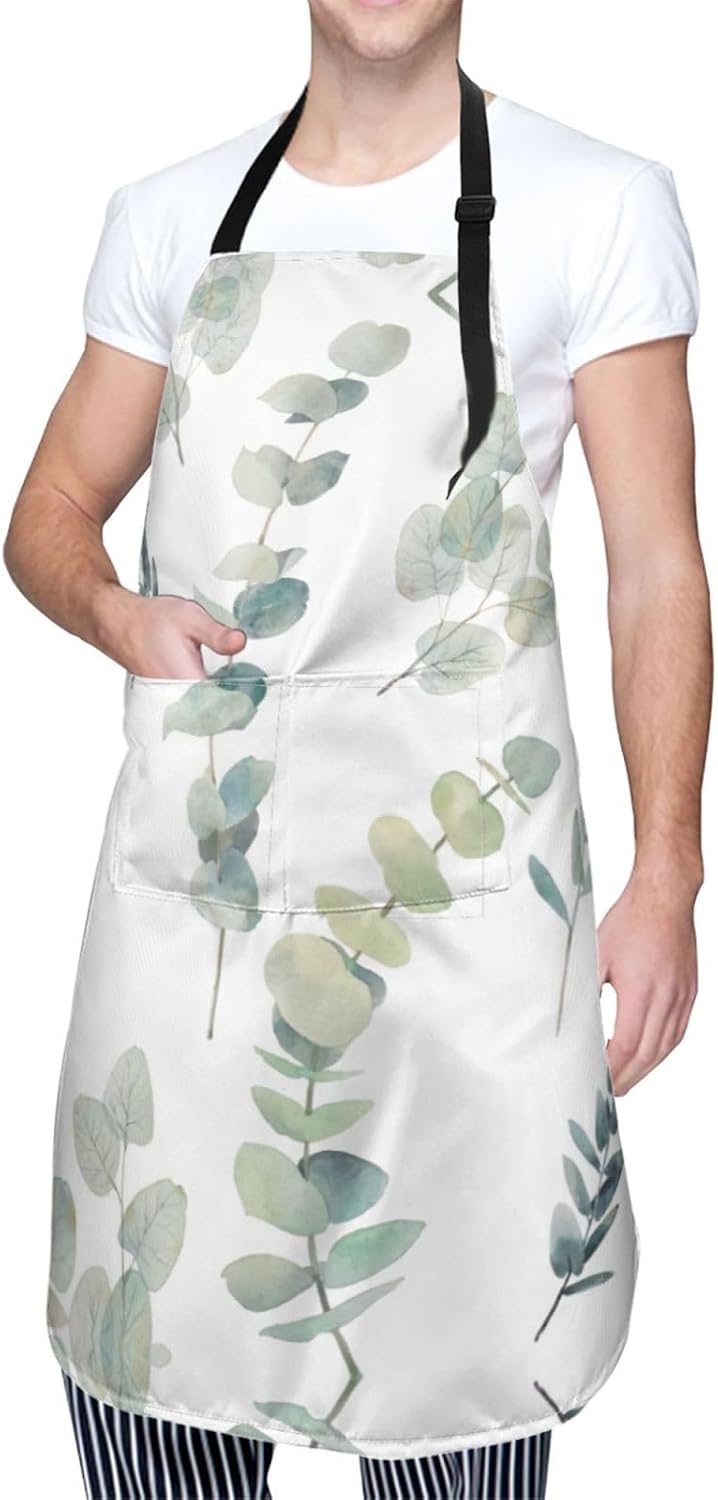 Eucalyptus Leaves print Waterproof apron with pocket adjustable cooking apron for adult kitchen bibs to bake